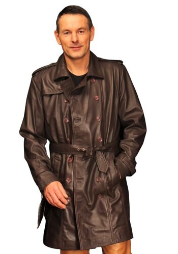 Trench comme manteau en cuir véritable cuir marron foncé pour homme 1