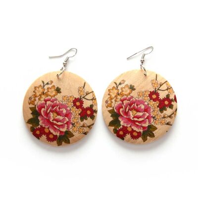 Wooden disc drop earrings with pink flower