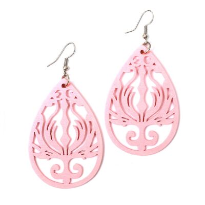 Boucles d'oreilles pendantes en bois découpées motif artisanal rose clair