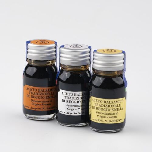 TRITTICO AMPOLLINA MONODOSE Aceto Balsamico TRADIZIONALE DOP di Reggio Emilia Aragosta-Argento-Oro 10ml