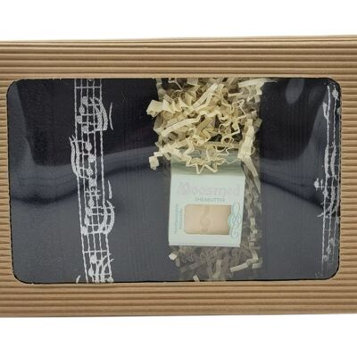 Coffret musical avec serviette d'invité, gant de toilette noir et mini savon dans une boîte cadeau