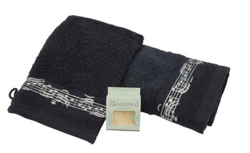 Coffret musical avec serviette d'invité, gant de toilette noir et mini savon dans une boîte cadeau 2