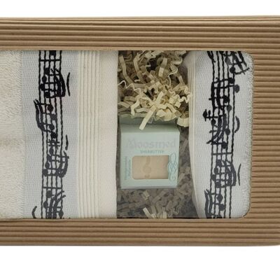Musical gift set with guest towel, wash mitt and mini soap in a gift box