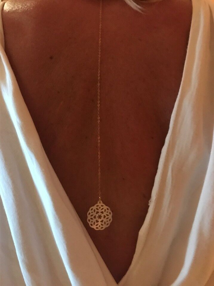 "Zanzibar" back necklace in Gold Filled, crystal and mother-of-pearl