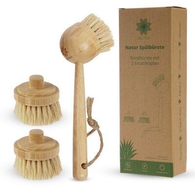 PROTEA set of 3 long dishwashing brushes with replacement heads, sustainable dishwashing brush made from natural bristles