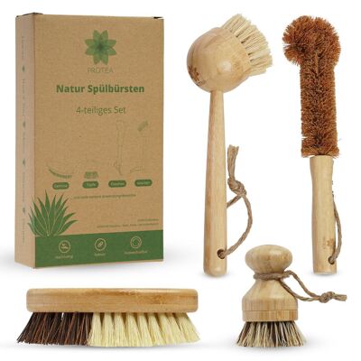 PROTEA set de 4 brosses à vaisselle en bambou et fibres naturelles, brosse de nettoyage durable, brosse à vaisselle, brosse à pot, brosse à bouteille, brosse à légumes