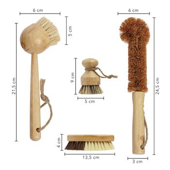 PROTEA set de 4 brosses à vaisselle en bambou et fibres naturelles, brosse de nettoyage durable, brosse à vaisselle, brosse à pot, brosse à bouteille, brosse à légumes 3