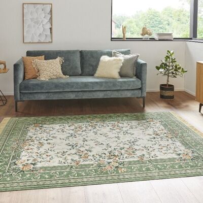 Oriental Velvet Carpet with Fringes Antik Flowers