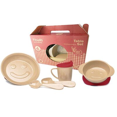 TIBERI:Conjunto vajilla infantil Ecofriendly de fibra de arroz (5 p). Magenta