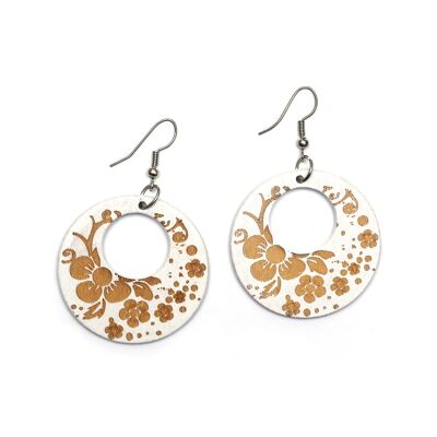 White Wooden Dangle Earrings with Flower Engraving