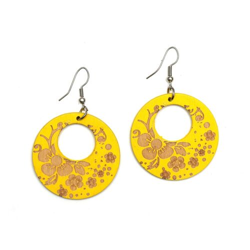 Yellow Wooden Dangle Earrings with Flower Engraving