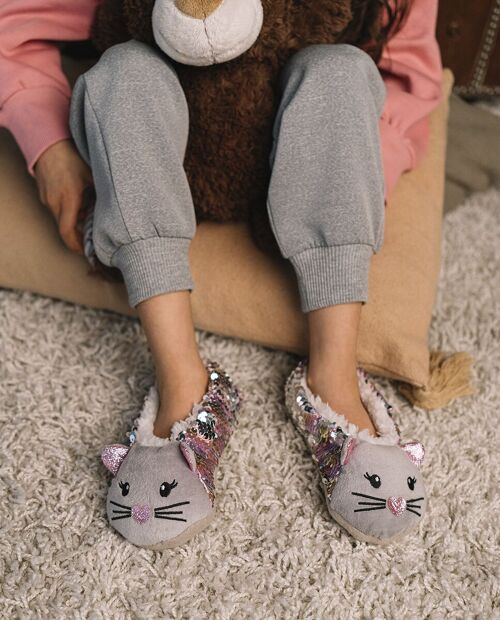 Achat Chat (Rose paillettes) - Chausson chaussette enfant animal en gros