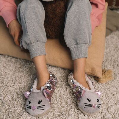 Katze (Rose Pailletten) – Tier-Socken-Slipper für Kinder