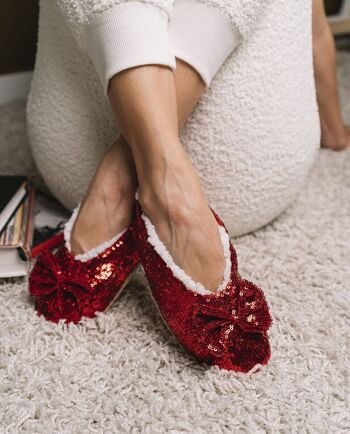 Pantoufles chaussettes ballerines à paillettes rouges pour femmes 2