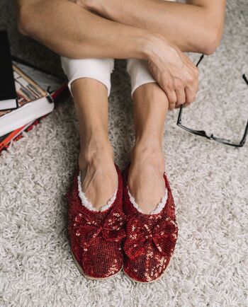 Pantoufles chaussettes ballerines à paillettes rouges pour femmes 3