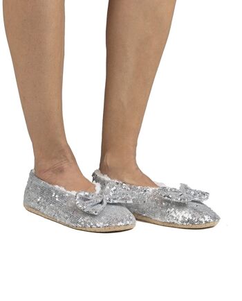 Pantoufles chaussettes ballerines à paillettes argentées pour femmes 2
