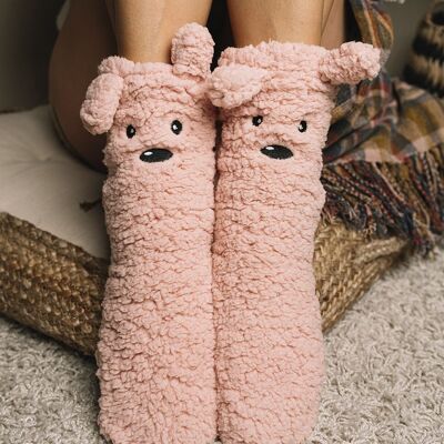 Cozy house slipper sock, long sherling in pink for women