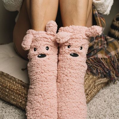 Cozy house slipper sock, long sherling in pink for women