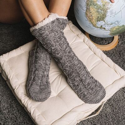 Chaussettes pantoufles en tricot à la cheville en sherling en gris