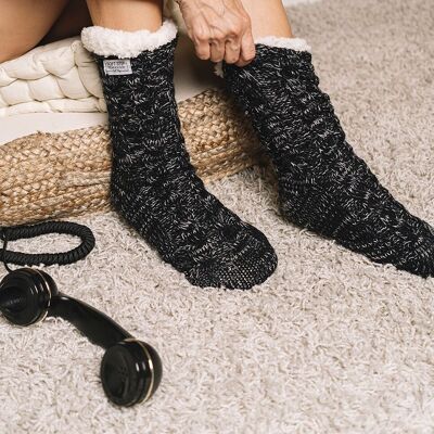 Sherling Ankle Knit Slipper Socks in Black