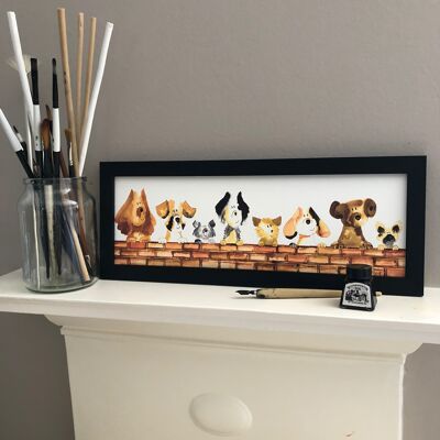 Dog on a wall framed print
