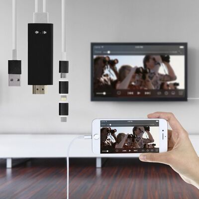Câble HDMI TPE avec connecteur pour iOS, micro USB et Type C (Android) Noir