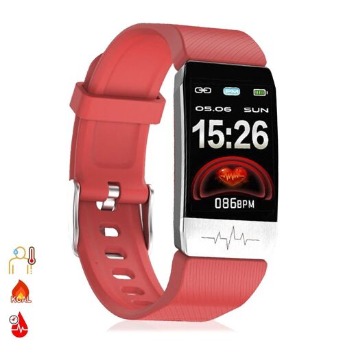 Pulsera inteligente F112 con medición de temperatura corporal, electrocardiograma, tensión y O2 en sangre Rojo