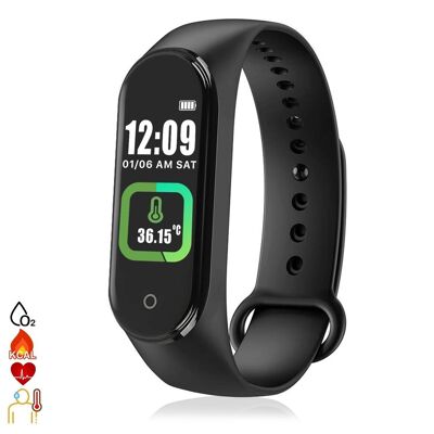 Brazalete inteligente Bluetooth AK-M4 PRO con medición de temperatura corporal, monitor cardiaco, monitor de presion arterial y modo multideporte. Negro