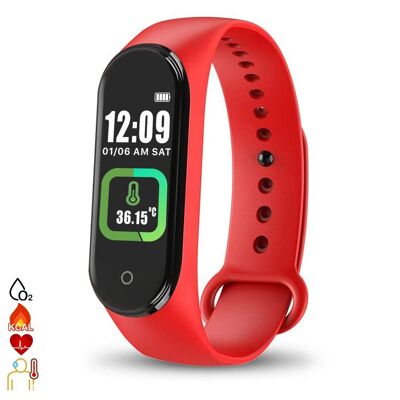 Brazalete inteligente Bluetooth AK-M4 PRO con medición de temperatura corporal, monitor cardiaco, monitor de presion arterial y modo multideporte. Rojo
