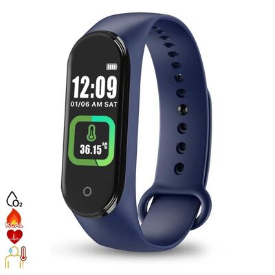 Brazalete inteligente Bluetooth AK-M4 PRO con medición de temperatura corporal, monitor cardiaco, monitor de presion arterial y modo multideporte. Azul