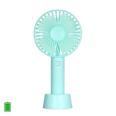 Mini ventilateur à main avec batterie rechargeable avec base pour table. Bleu clair