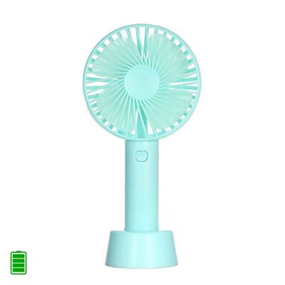 Mini hand fan with rechargeable battery with base for table. Light Blue