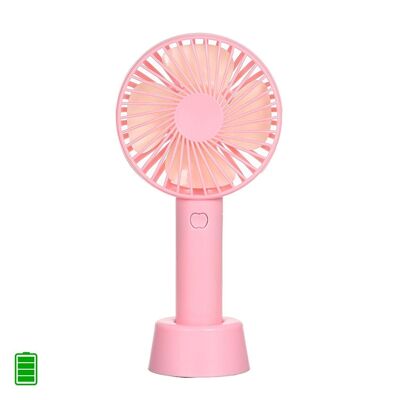 Mini hand fan with rechargeable battery with base for table. Pink