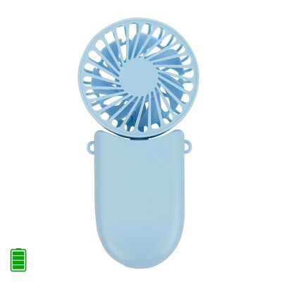 Mini handheld fan with rechargeable battery with lanyard to carry hanging. Light Blue