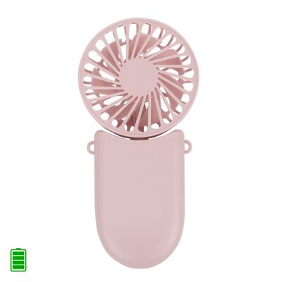 Mini handheld fan with rechargeable battery with lanyard to carry hanging. Pink