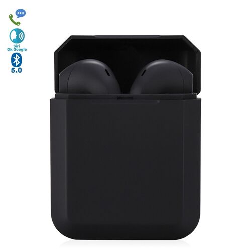 Auriculares TWS i2 Bluetooth 5.0 táctil con base de carga diseño ergonómico exclusivo poligonal.Cancelación ruido ambiental. Negro