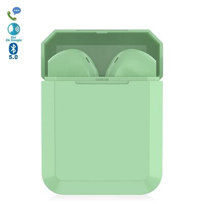 TWS i2 Bluetooth 5.0 touch headphones with charging base exclusive polygonal ergonomic design. Environmental noise cancellation. Light green