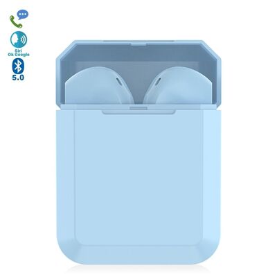 Écouteurs TWS i2 Bluetooth 5.0 tactiles avec base de chargement au design ergonomique polygonal exclusif Annulation du bruit environnemental. Bleu clair