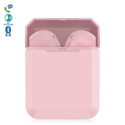 TWS i2 Bluetooth 5.0 touch headphones with charging base exclusive polygonal ergonomic design. Environmental noise cancellation. Pink