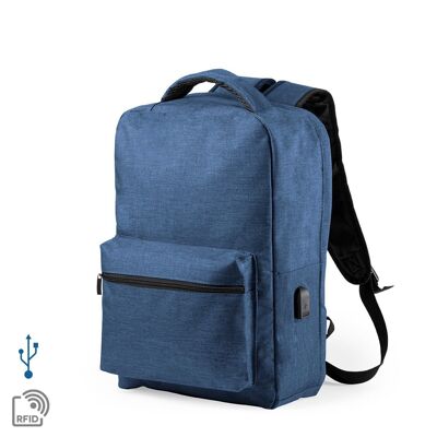 Mochila antirrobo Komplete de poliester 300D, con toma USB exterior. Bolsillo en lateral con protección RFID. Azul