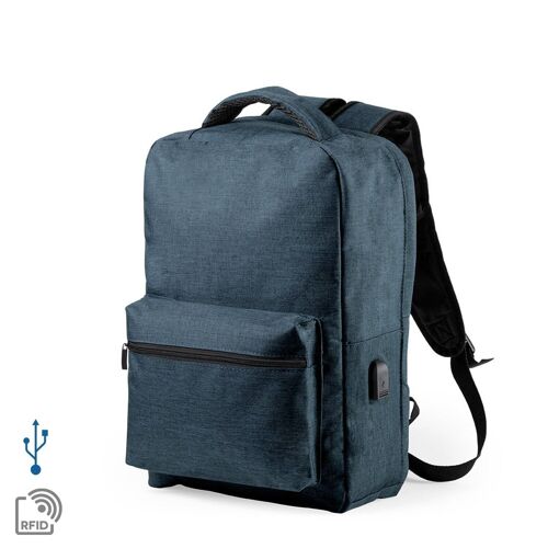 Mochila antirrobo Komplete de poliester 300D, con toma USB exterior. Bolsillo en lateral con protección RFID. Azul Marino