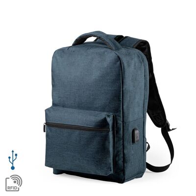 Komplete anti-theft backpack in 300D polyester, with external USB port. Side pocket with RFID protection. Navy blue