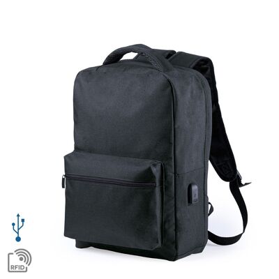Kompletter Anti-Diebstahl-Rucksack aus 300D-Polyester mit externem USB-Anschluss. Seitentasche mit RFID-Schutz. Schwarz