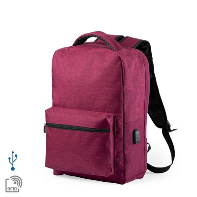 Kompletter Anti-Diebstahl-Rucksack aus 300D-Polyester mit externem USB-Anschluss. Seitentasche mit RFID-Schutz. Rot