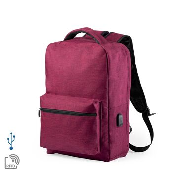 Sac à dos antivol Komplete en polyester 300D, avec port USB externe. Poche latérale avec protection RFID. Rouge 1