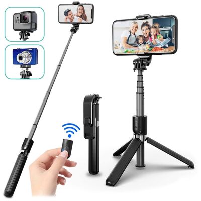 Extendable tripod with selfie stick and bluetooth remote control. Support for smartphones and cameras. Black