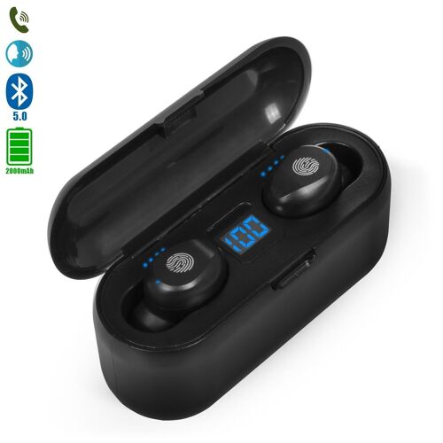 Auriculares TWS F9 Bluetooth 5.0 táctil con base de carga powerbank con indicador de carga interna y de auriculares. Negro