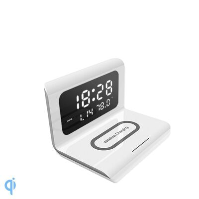 Sveglia con Caricabatterie Wireless Qi a Ricarica Rapida, Temperatura e Data Bianca