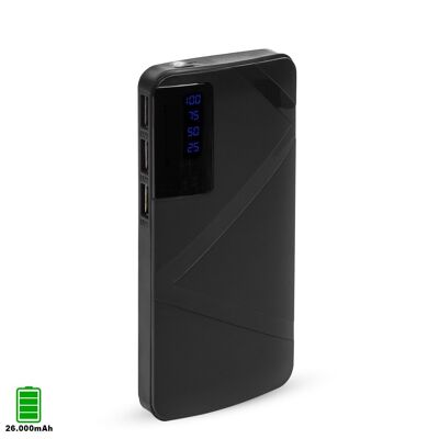 26,000mAh R8 powerbank with charge percentage indicator, triple 1A USB output. Black