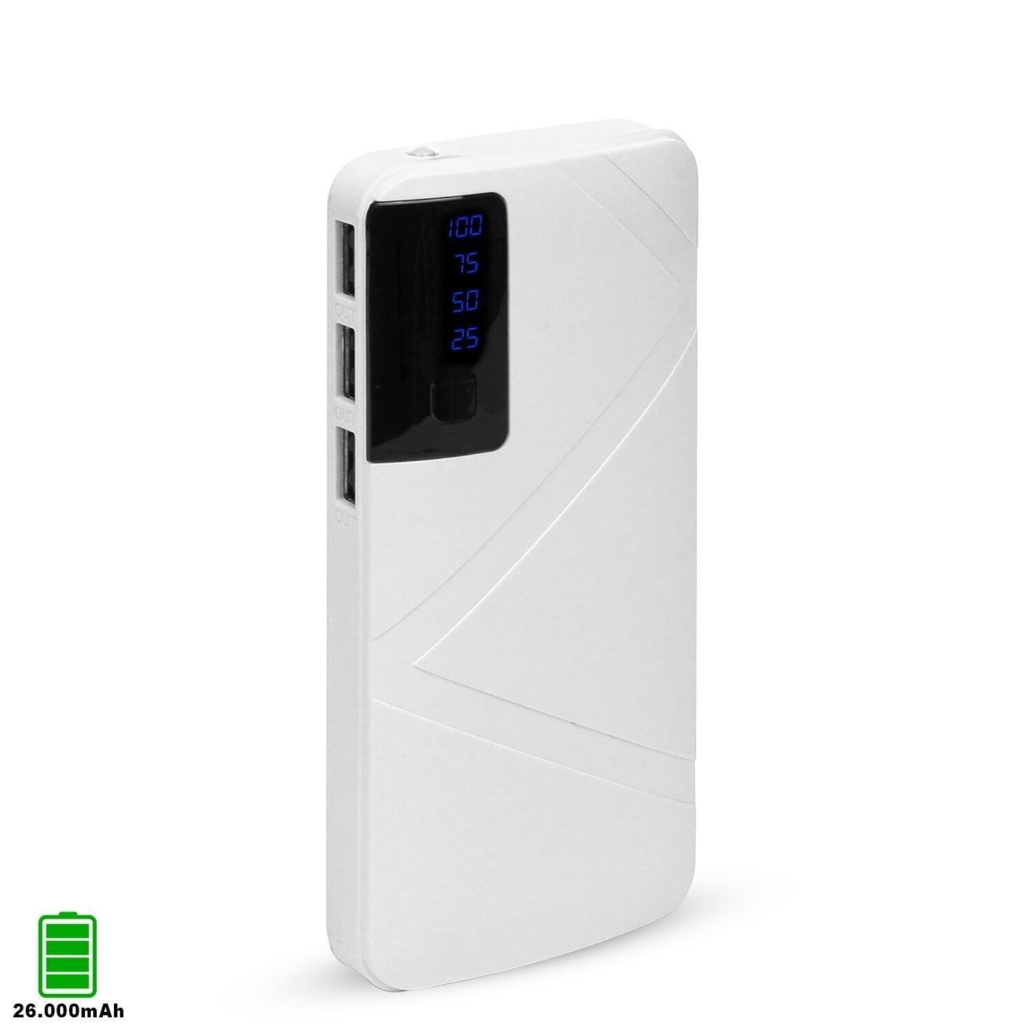 Powerbank R8 26 000 mAh avec indicateur de pourcentage de charge, triple sortie USB 1A. Blanc